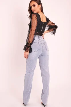 Rebellious Fashion Black Lace Body Polka Mesh Sleeve Crop Top - Linsey