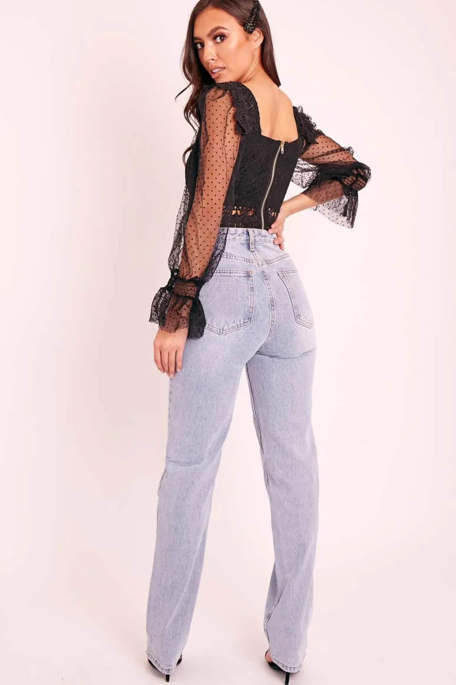 Rebellious Fashion Black Lace Body Polka Mesh Sleeve Crop Top - Linsey