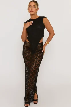 Rebellious Fashion Black Lace Bodysuit and Maxi Skirt Co-Ord Set - Marya