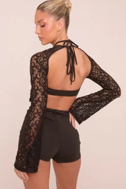 Rebellious Fashion Black Lace Cut Out Detail Playsuit - Sloane