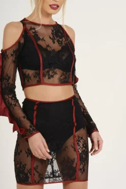 Rebellious Fashion Black Lace Cut Shoulder Ruffle Co-ord - Serena