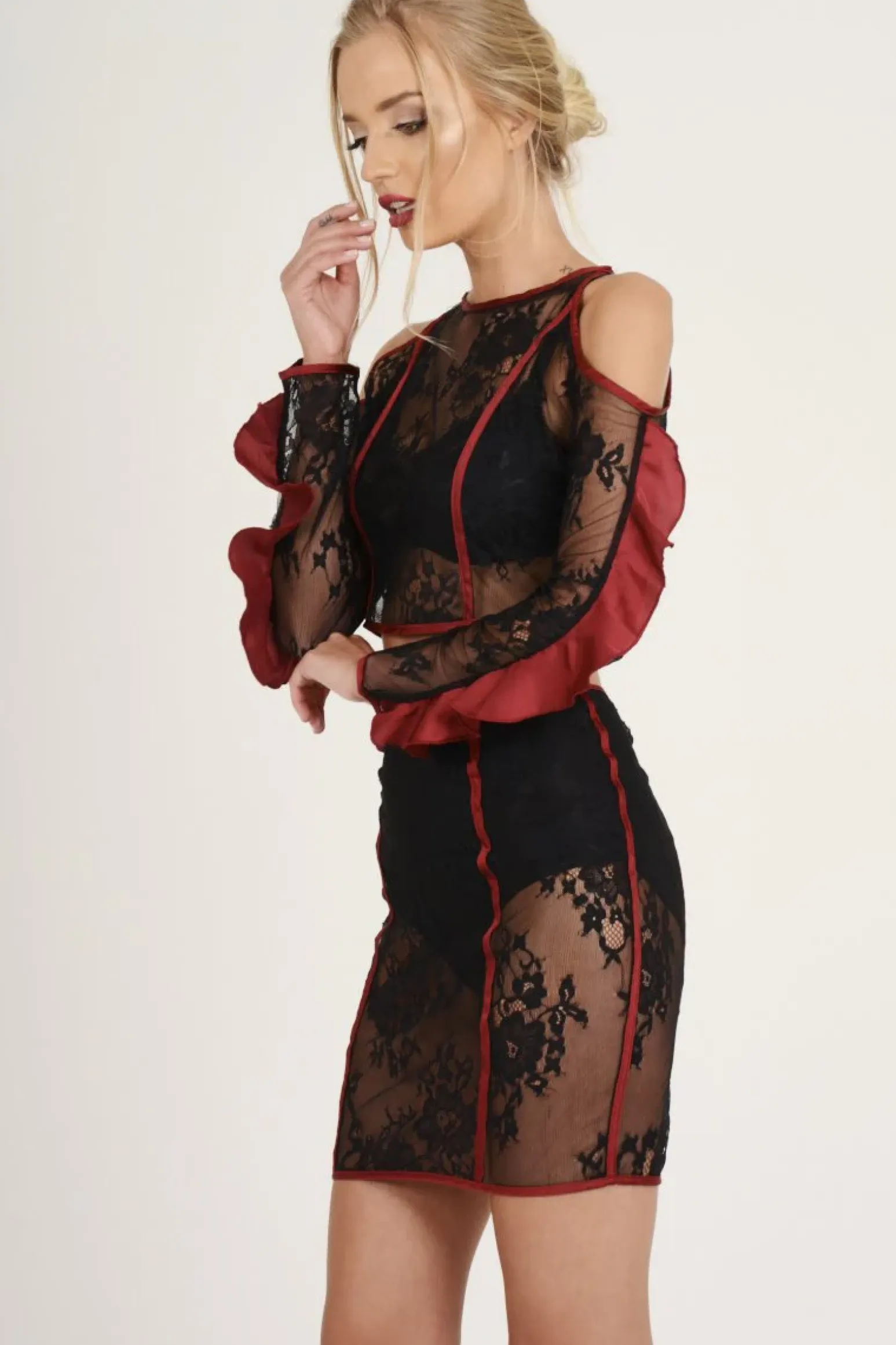 Rebellious Fashion Black Lace Cut Shoulder Ruffle Co-ord - Serena