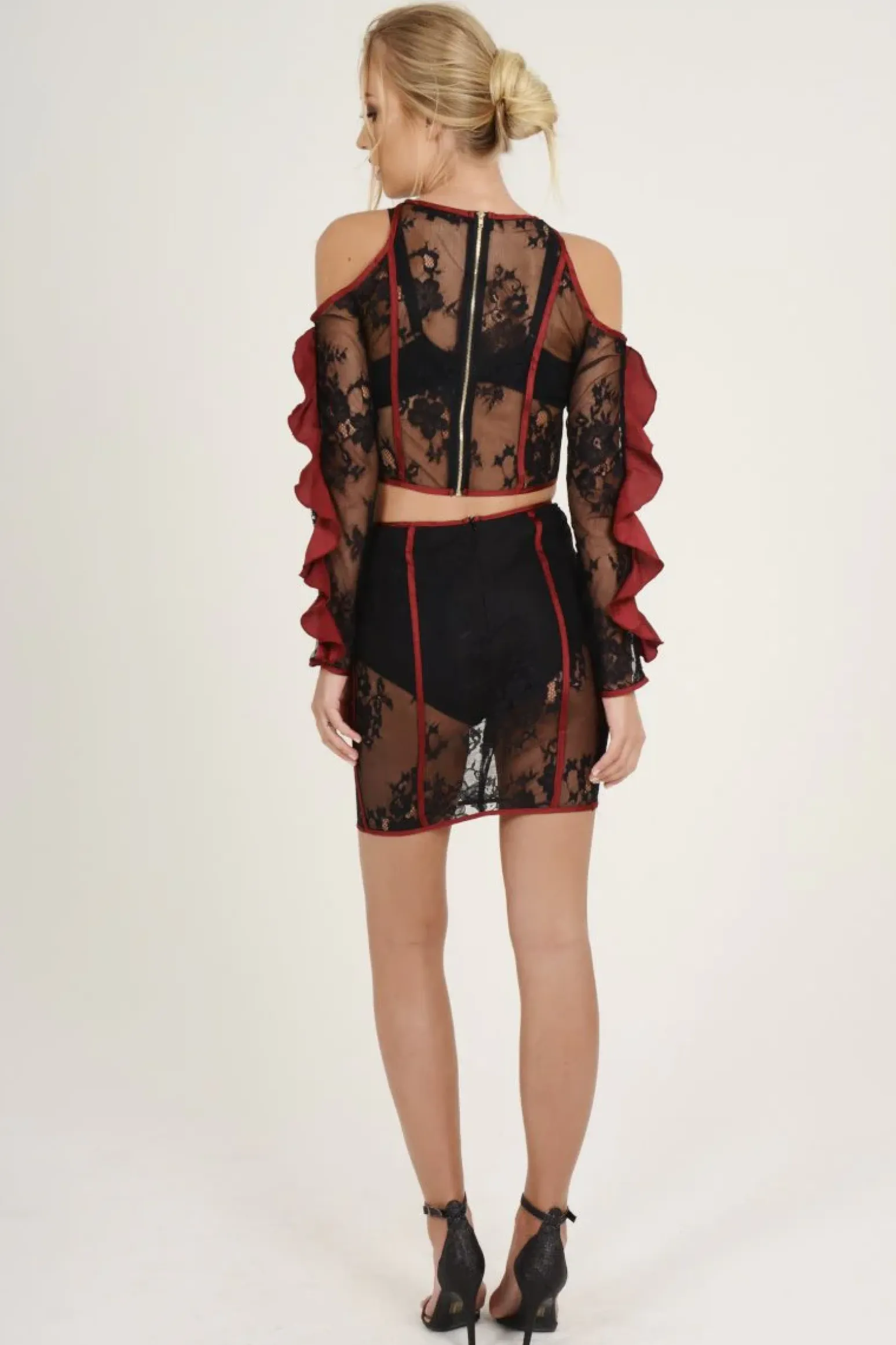 Rebellious Fashion Black Lace Cut Shoulder Ruffle Co-ord - Serena
