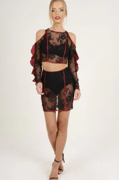 Rebellious Fashion Black Lace Cut Shoulder Ruffle Co-ord - Serena