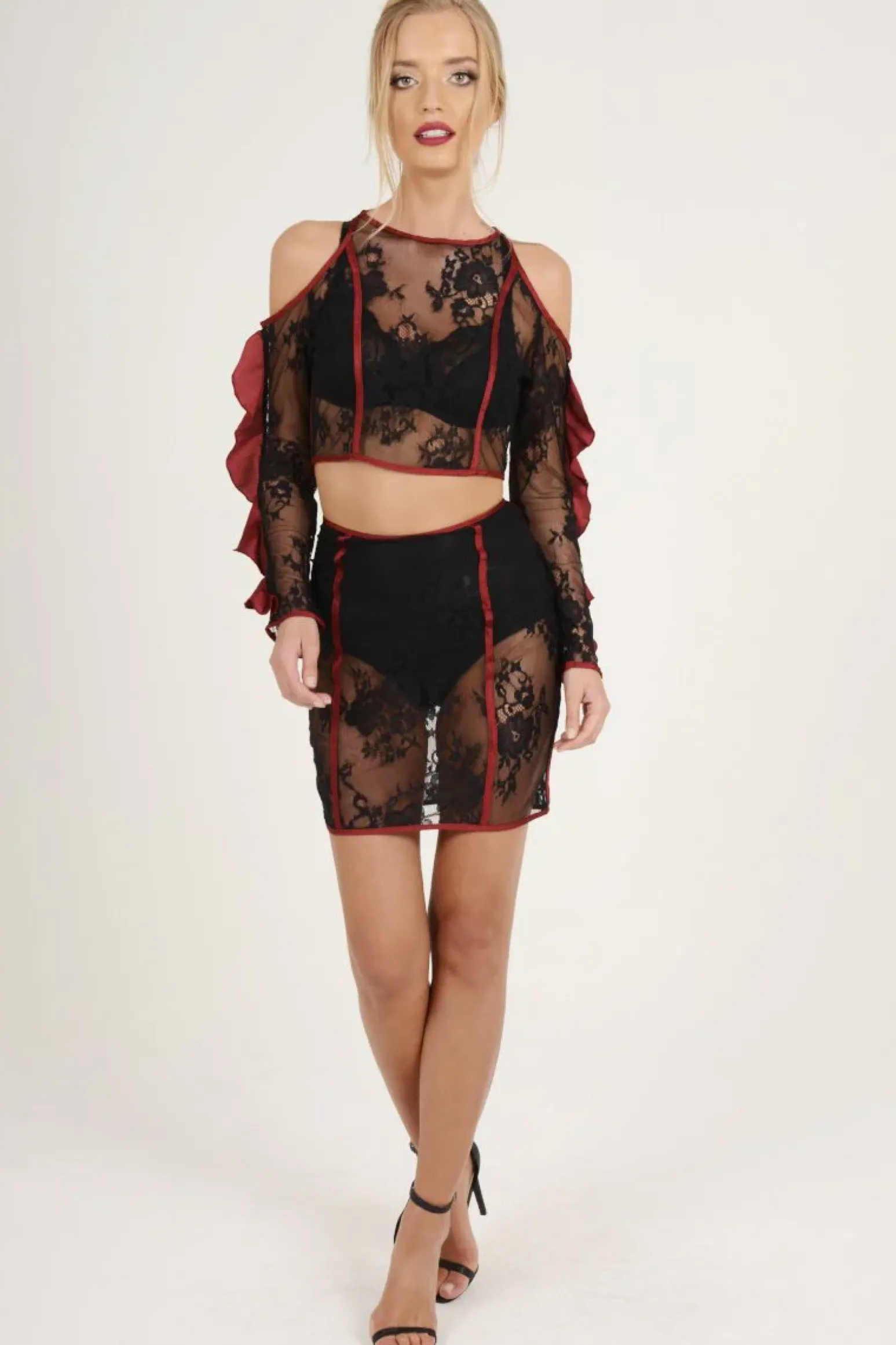 Rebellious Fashion Black Lace Cut Shoulder Ruffle Co-ord - Serena