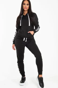 Rebellious Fashion Black Lace Detail Hooded Drawstring and Jogger Set - Jamiya