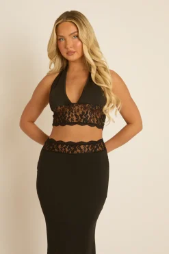 Rebellious Fashion Black Lace Detail Top and Maxi Skirt Co-ord Set - Karlie