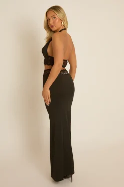 Rebellious Fashion Black Lace Detail Top and Maxi Skirt Co-ord Set - Karlie