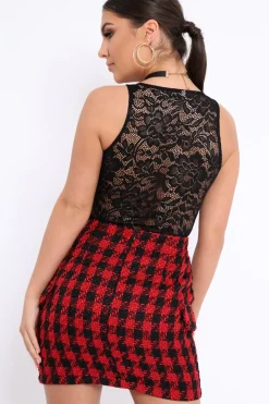 Rebellious Fashion Black Lace Eyelet Cross Bodysuit - Natallia