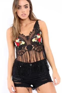 Rebellious Fashion Black Lace Flower Embroidered Tassel Hem Crop Top - Pandora