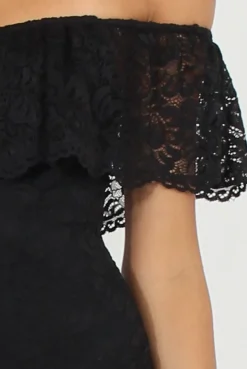 Rebellious Fashion Black Lace Frill Bardot Bodysuit - Tonika