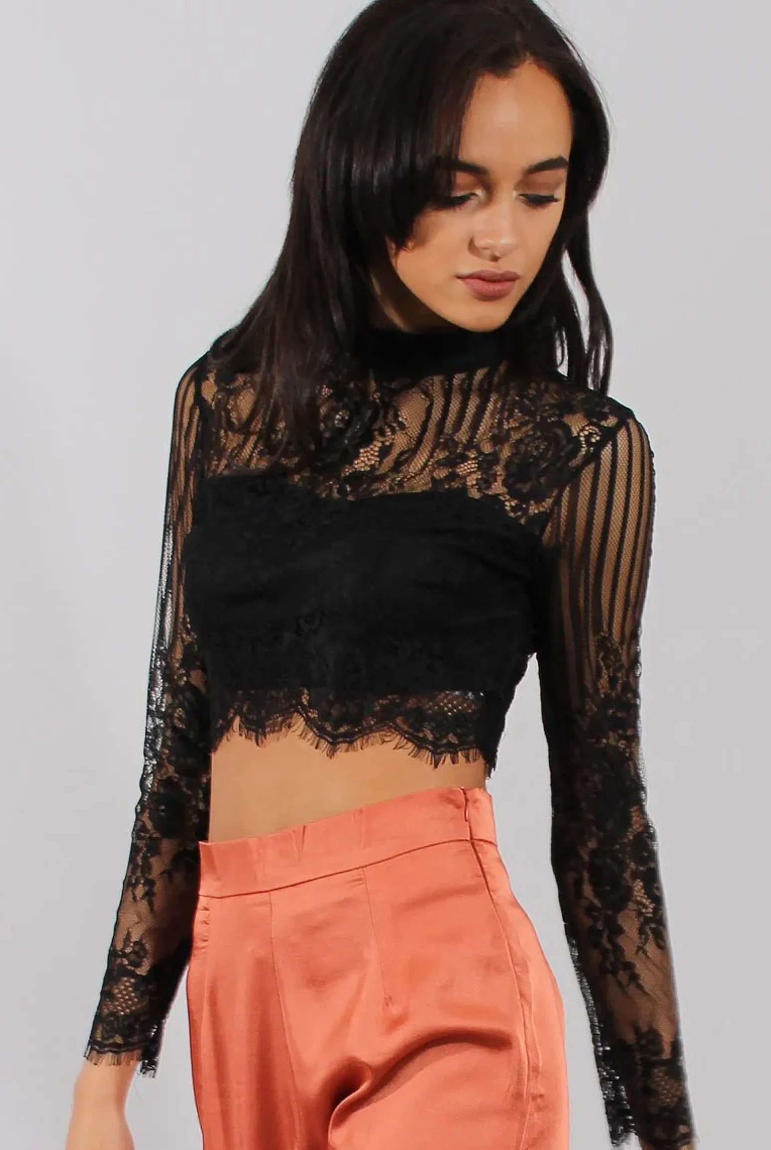 Rebellious Fashion Black Lace High Neck Crop Top - Luanne