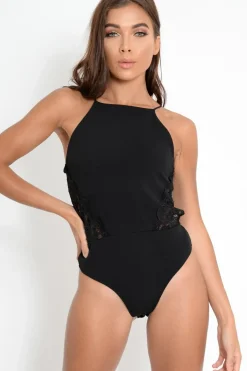 Rebellious Fashion Black Lace High Neck Open Back Bodysuit - Chiara