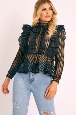 Rebellious Fashion Black Lace High Neck Zip Back Blouse - Abree
