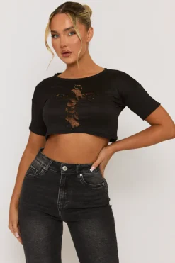 Rebellious Fashion Black Lace Insert Cropped Tshirt - Mina