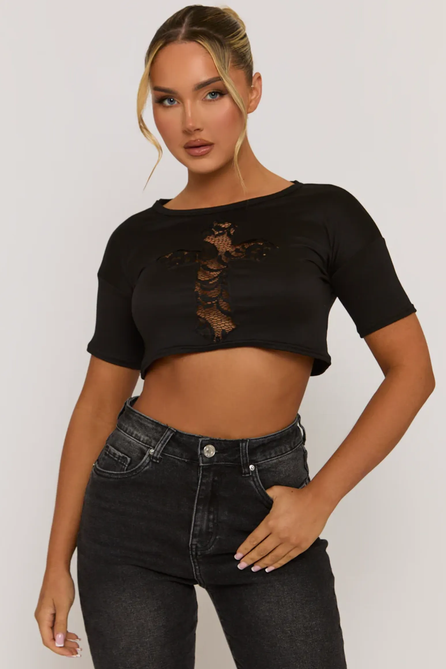 Rebellious Fashion Black Lace Insert Cropped Tshirt - Mina