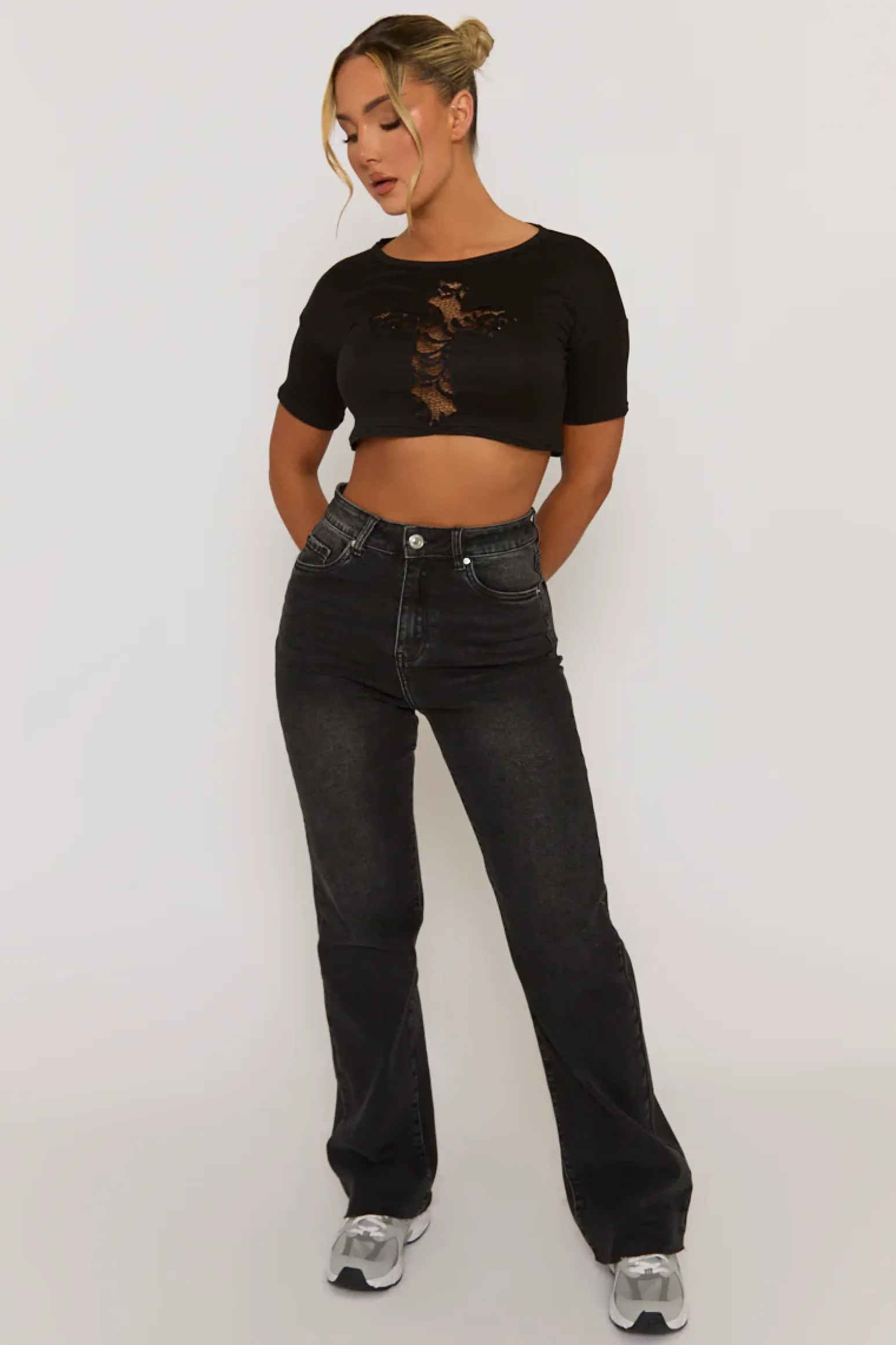 Rebellious Fashion Black Lace Insert Cropped Tshirt - Mina
