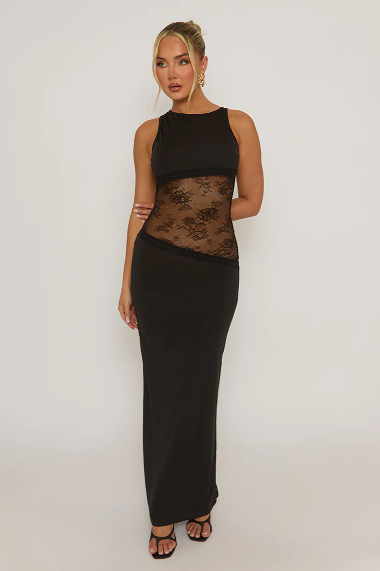 Rebellious Fashion Black Lace Insert Cut Out Back Maxi Dress - Mirabella