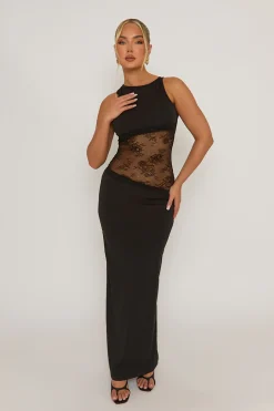 Rebellious Fashion Black Lace Insert Cut Out Back Maxi Dress - Mirabella