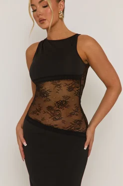 Rebellious Fashion Black Lace Insert Cut Out Back Maxi Dress - Mirabella