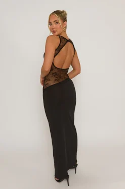 Rebellious Fashion Black Lace Insert Cut Out Back Maxi Dress - Mirabella