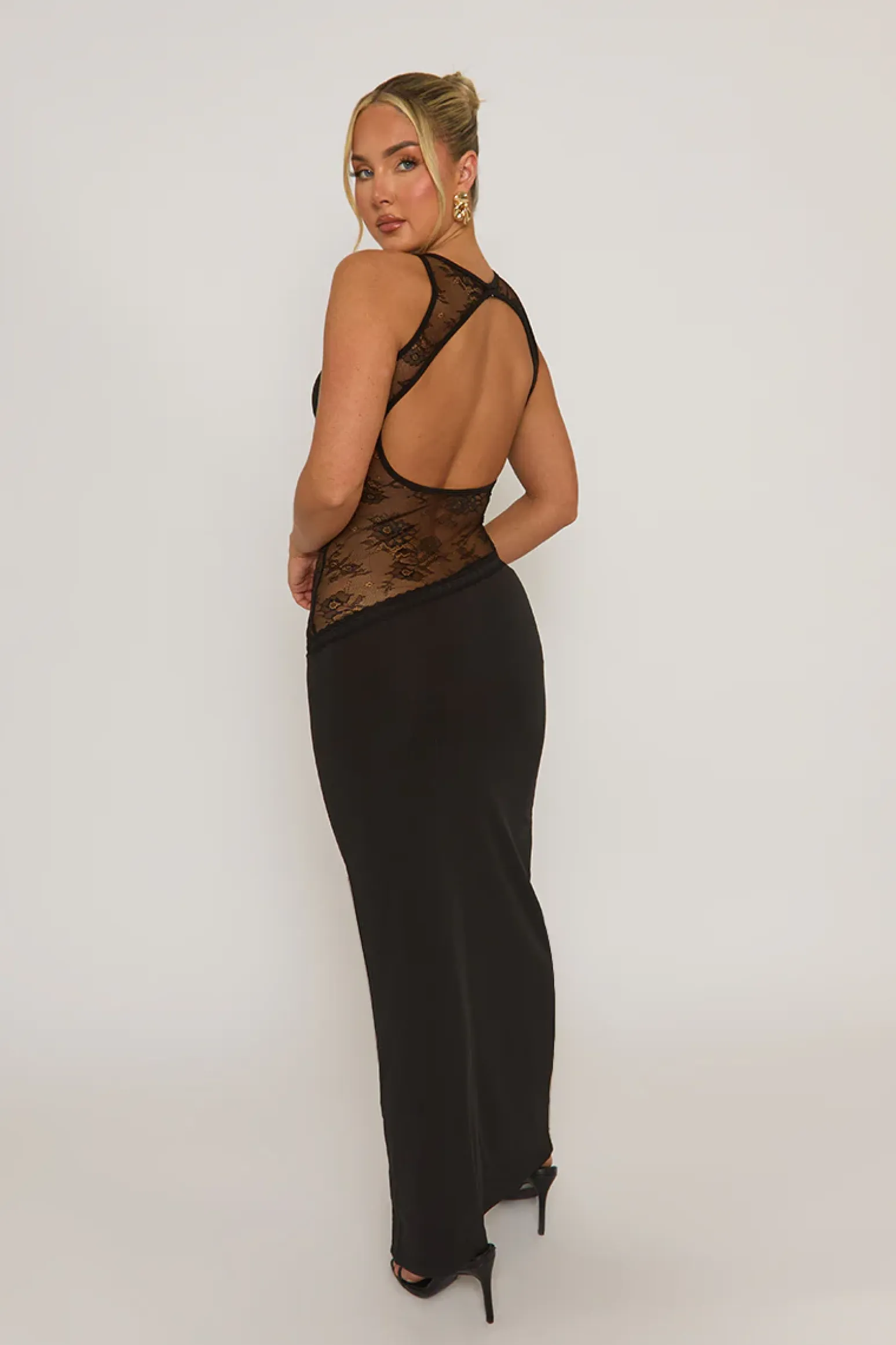 Rebellious Fashion Black Lace Insert Cut Out Back Maxi Dress - Mirabella