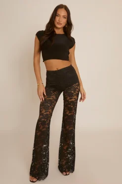 Rebellious Fashion Black Lace Kick Flare Trousers - Antonella
