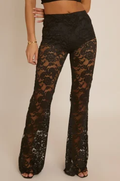 Rebellious Fashion Black Lace Kick Flare Trousers - Antonella