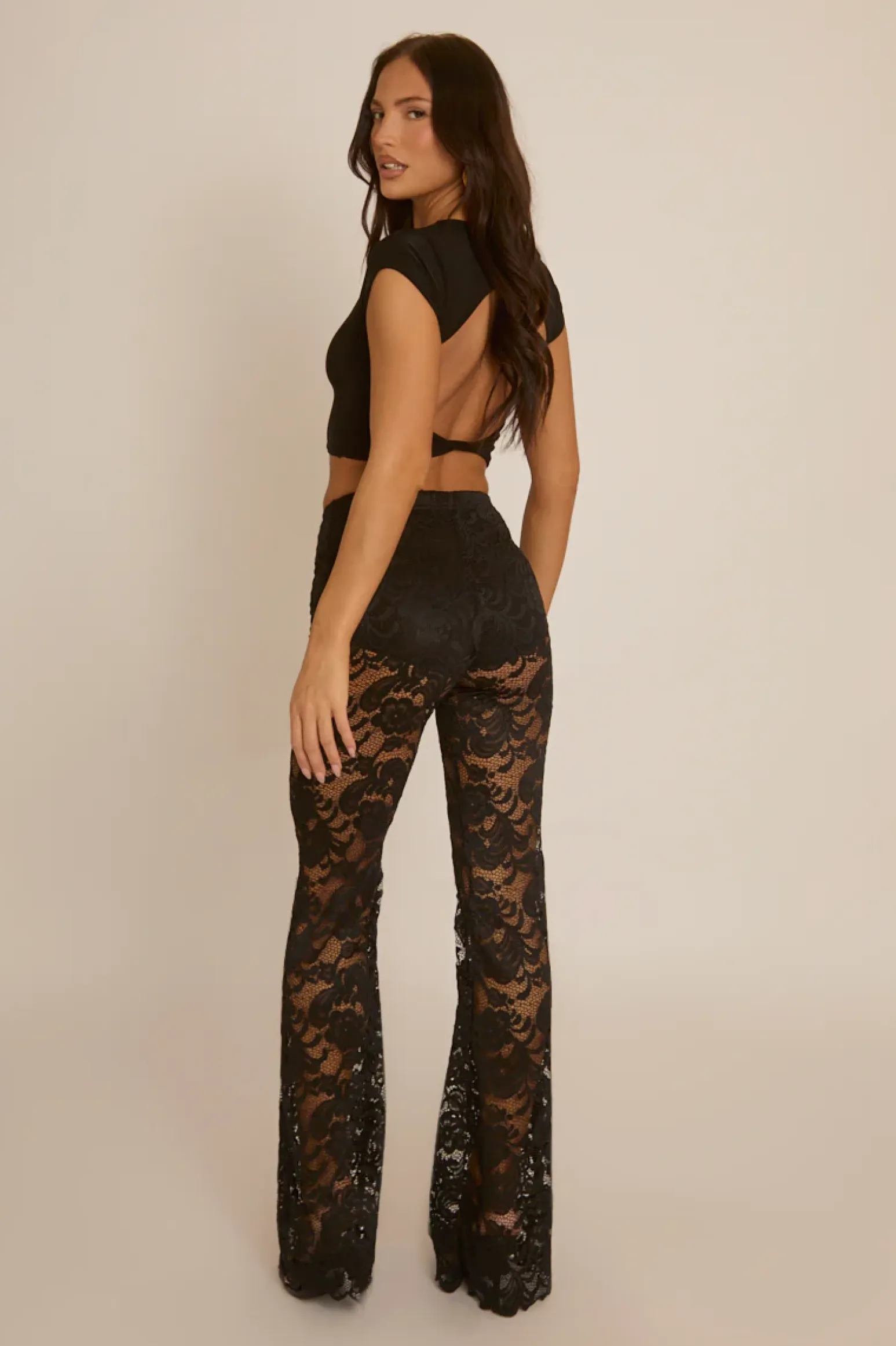 Rebellious Fashion Black Lace Kick Flare Trousers - Antonella