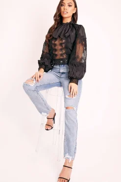 Rebellious Fashion Black Lace Panel Neck Tie Blouse - Ophia