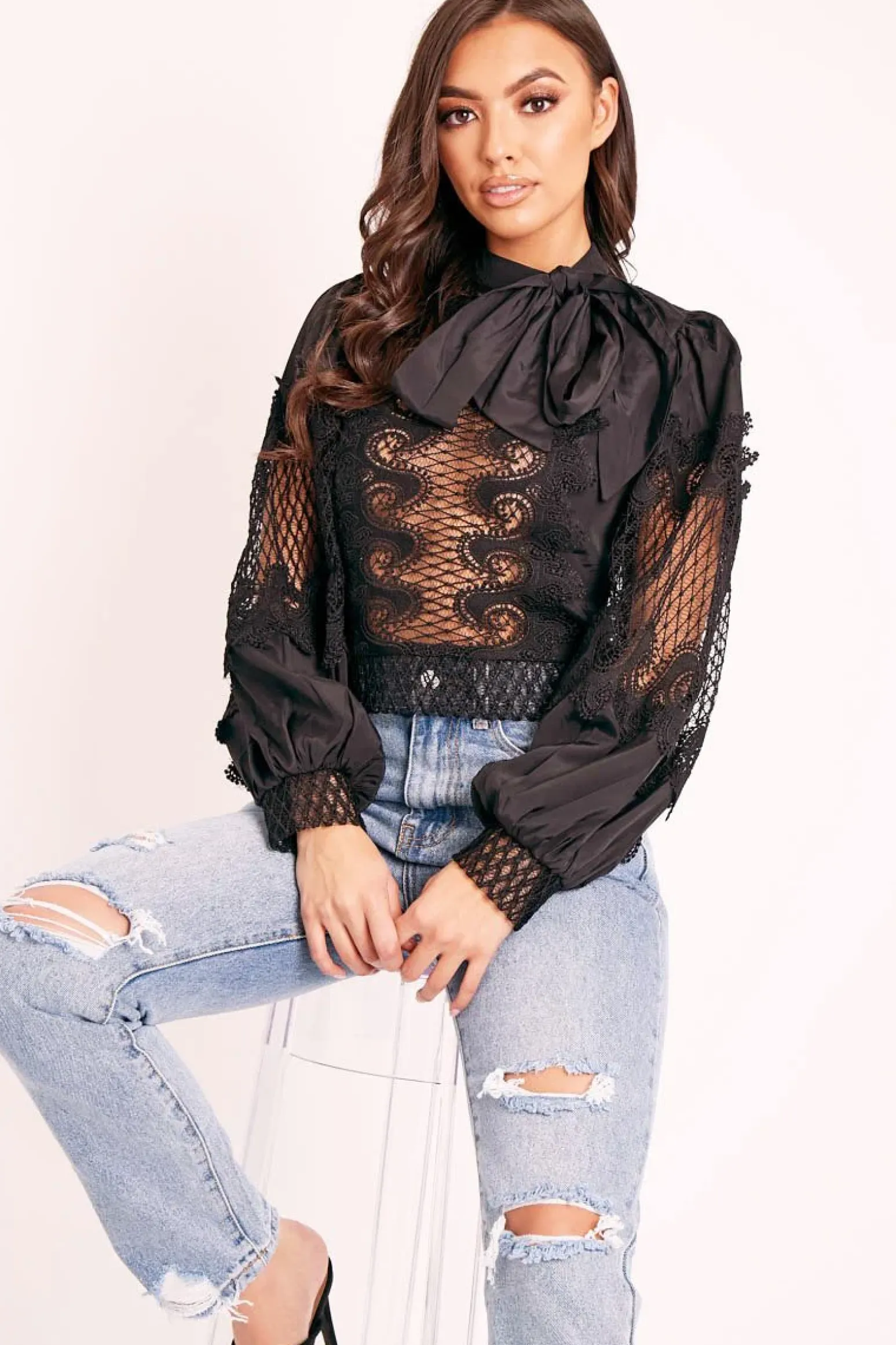 Rebellious Fashion Black Lace Panel Neck Tie Blouse - Ophia