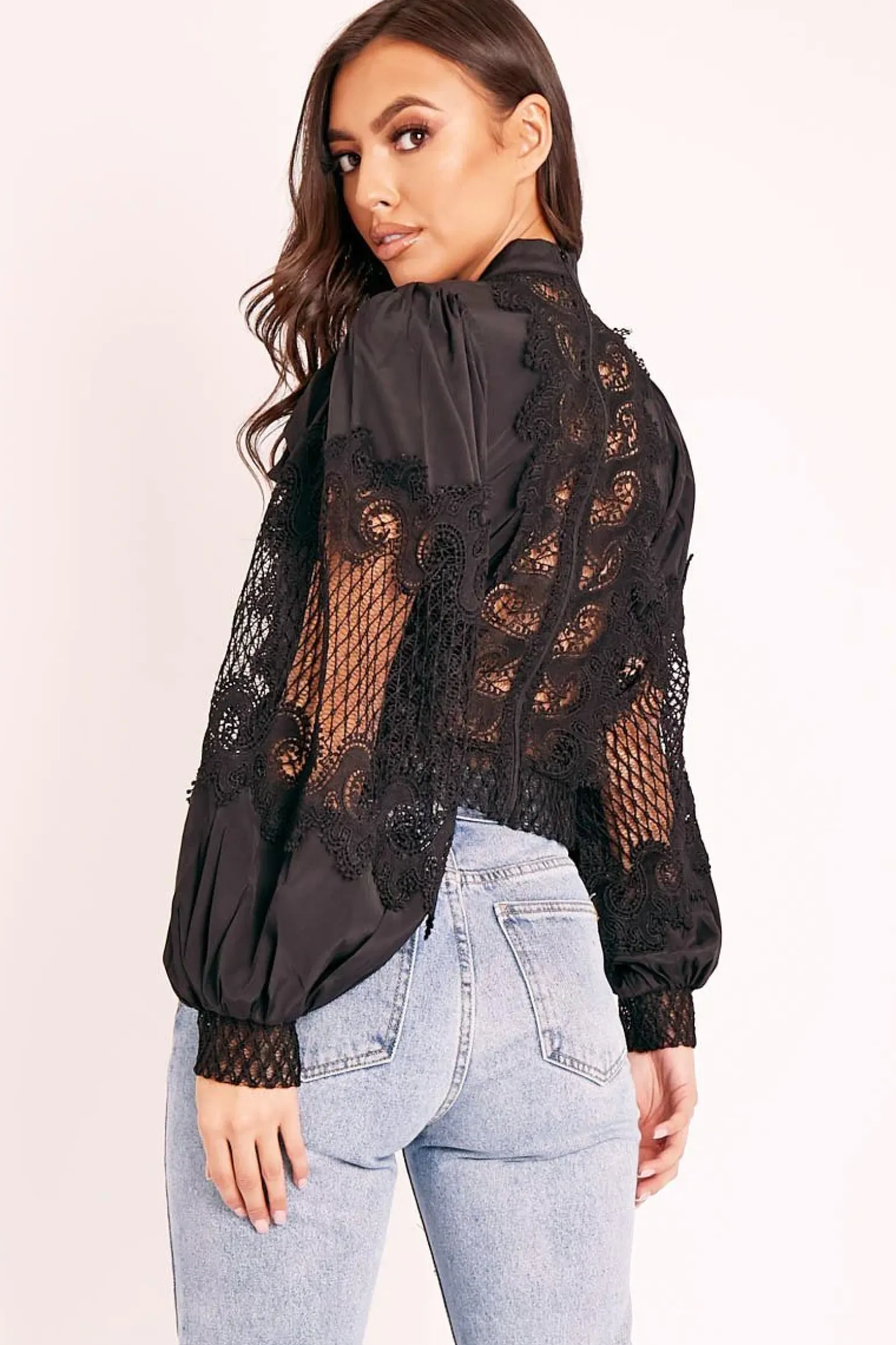 Rebellious Fashion Black Lace Panel Neck Tie Blouse - Ophia