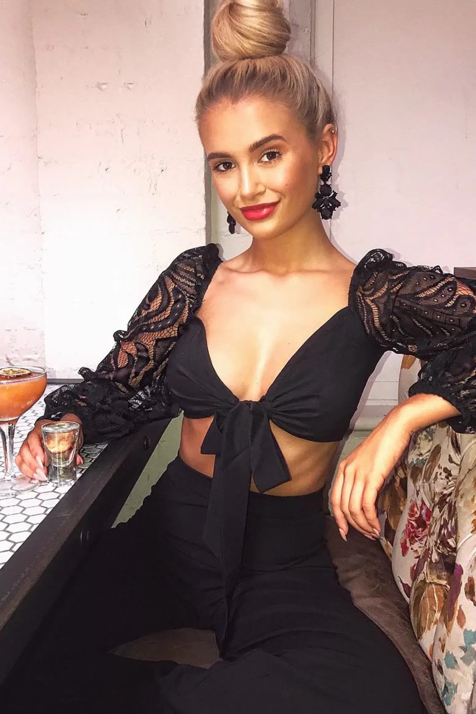 Rebellious Fashion Black Lace Puff Sleeve Tie Front Crop Blouse - Nishka