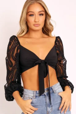 Rebellious Fashion Black Lace Puff Sleeve Tie Front Crop Blouse - Nishka