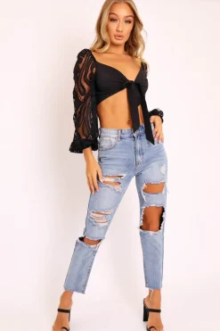 Rebellious Fashion Black Lace Puff Sleeve Tie Front Crop Blouse - Nishka