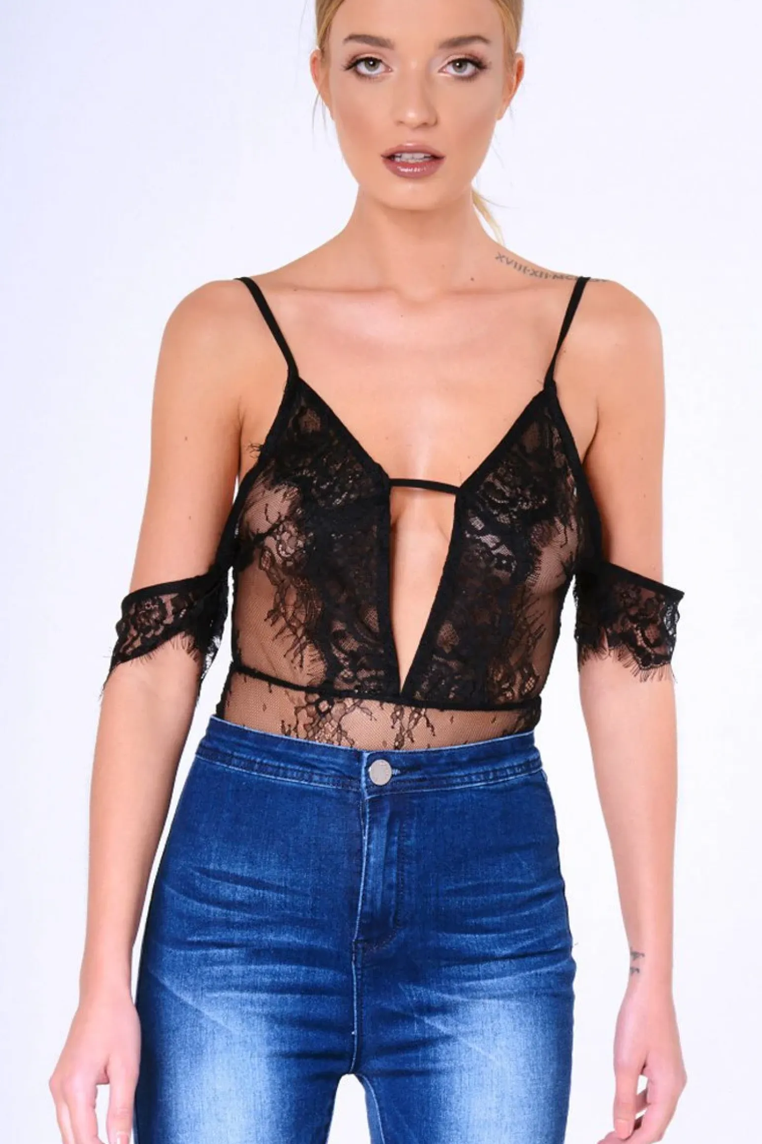 Rebellious Fashion Black Lace Strappy Bardot Strap Bodysuit - Reanne