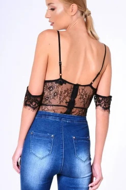 Rebellious Fashion Black Lace Strappy Bardot Strap Bodysuit - Reanne