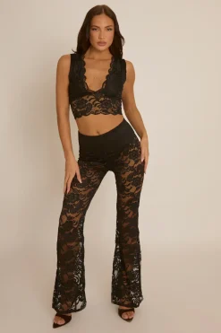 Rebellious Fashion Black Lace Top and Kick flare Trouser Co-Ord Set - Uma