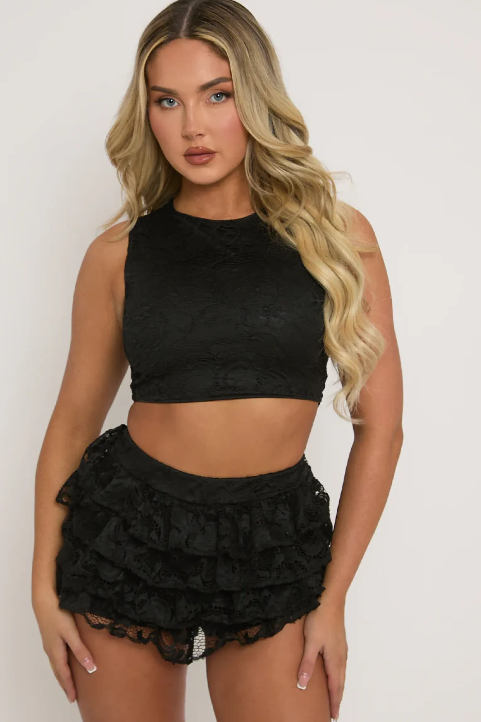 Rebellious Fashion Black Lace Top and Ruffle Skort Co-ord Set - Doreen