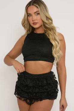 Rebellious Fashion Black Lace Top and Ruffle Skort Co-ord Set - Doreen
