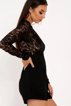 Rebellious Fashion Black Lace Top Plunge Playsuit - Nicha