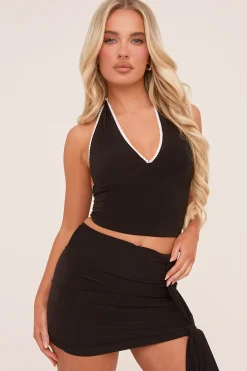 Rebellious Fashion Black Lace Trim Halter Neck Crop Top & Mini Skirt Co-ord Set - Natalie