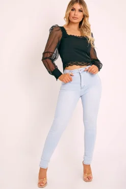 Rebellious Fashion Black Lace Trim Puff Sleeve Crop Top - Bethan