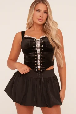 Rebellious Fashion Black Lace Trim Tie Front Corset Top - Marlene