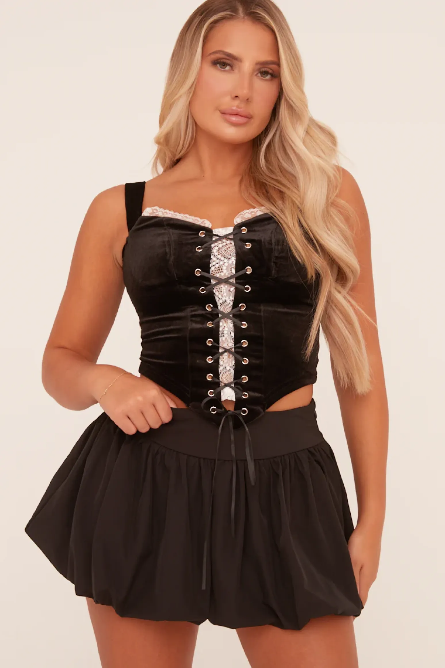 Rebellious Fashion Black Lace Trim Tie Front Corset Top - Marlene