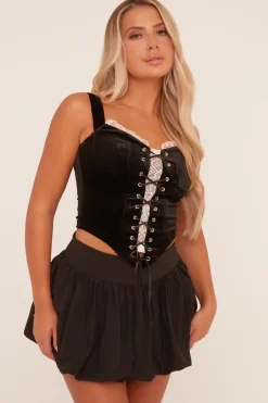 Rebellious Fashion Black Lace Trim Tie Front Corset Top - Marlene