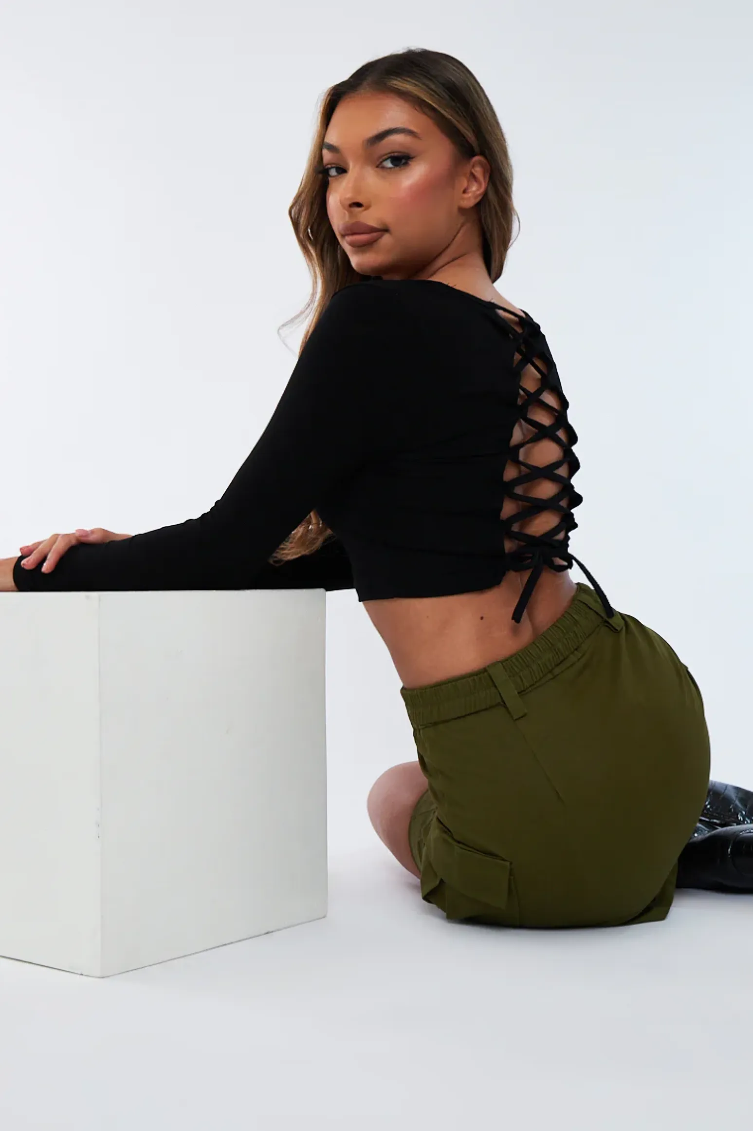Rebellious Fashion Black Lace Up Back Crop Top - Celia