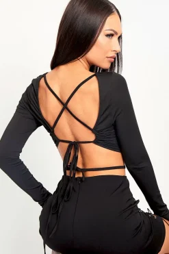 Rebellious Fashion Black Lace Up Back Long Sleeve Crop Top - Malaina