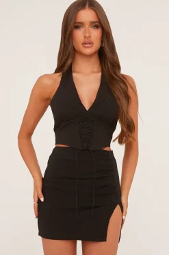 Rebellious Fashion Black Lace Up Corset Detail Crop Top & Ruched Mini Skirt Co-ord Set - Georgina