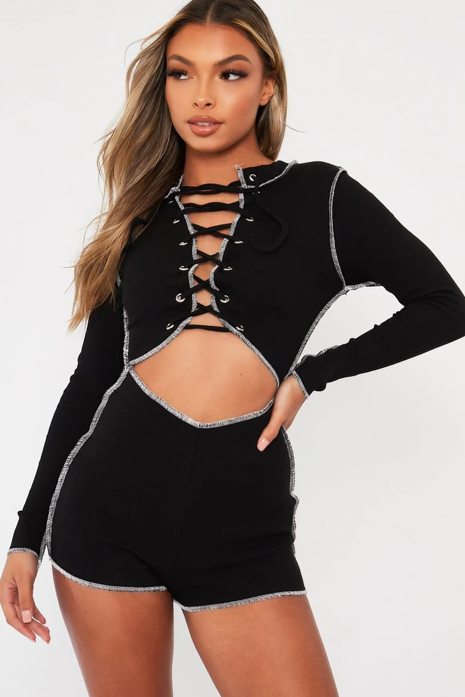 Rebellious Fashion Black Lace Up Cut Out Contrast Stitch Ribbed Playsuit - Drina